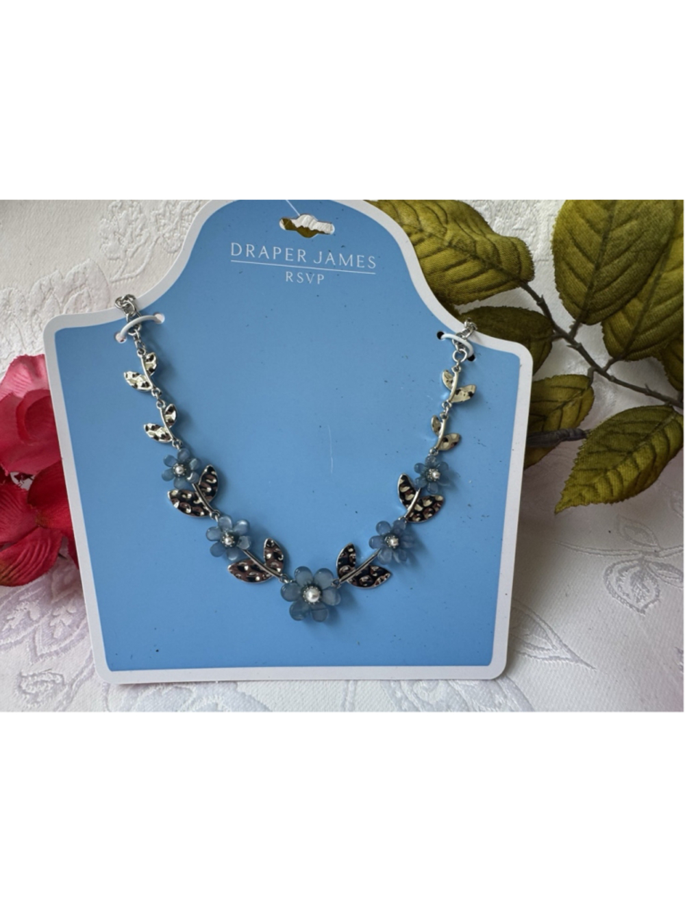 Draper James Blue Flowers Pearls Silvertone Charms Dainty 16" Necklace NEW